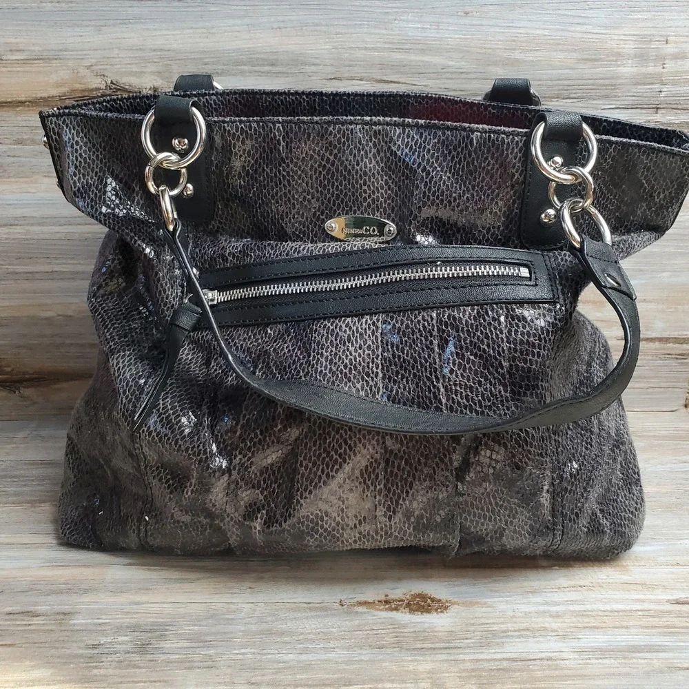 Nine & Co Metallic Snakeskin Print Shoulder Bag Black Grey Hobo Tote Zippered‎